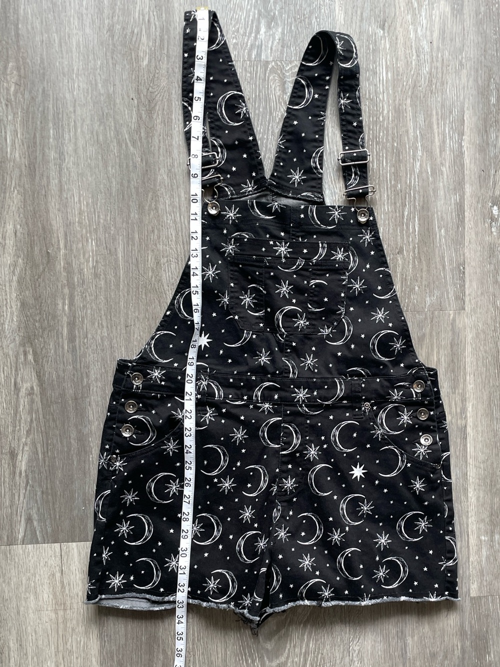 HT Denim Celestial Moon & Stars Short Overalls Black Goth Grunge Alternative - Picture 10 of 11